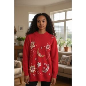 VTG Moon‎ Sta by P Galli Designs Red Embellished Mock Neck Sweater Size